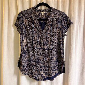 Lucky Brand Blue Boho Print Peasant Blouse Size Medium Cotton Linen